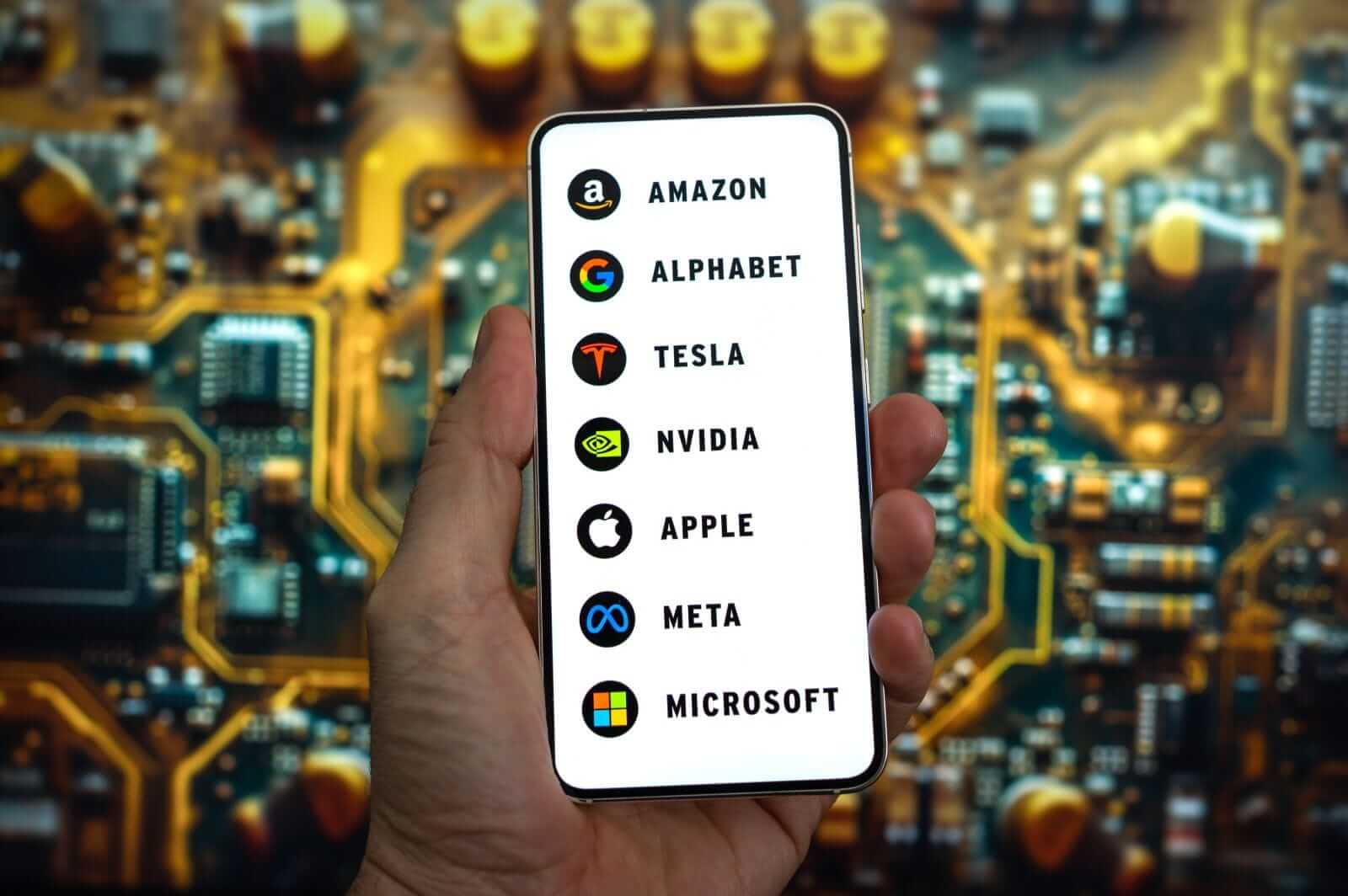 A hand holding a smartphone with the logos for Magnificent 7 companies_ Image by gguy via Shutterstock_